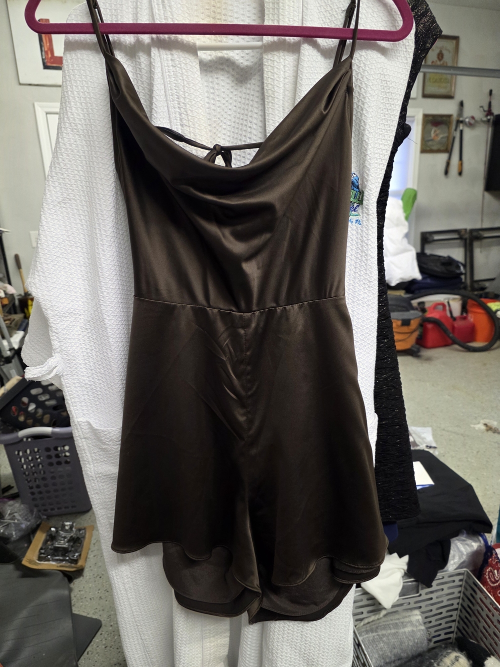 Women's Brown Satin Cowl-Neck Romper with Spaghetti Straps